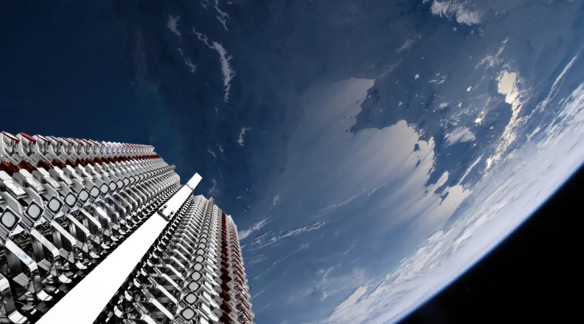 Stack of Starlink satellites in orbit above Earth